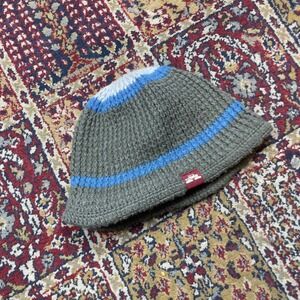 VTG 90s 00s Spacecraft Handmade Crochet Bucket Beanie Hat Blue Gray Striped Snow